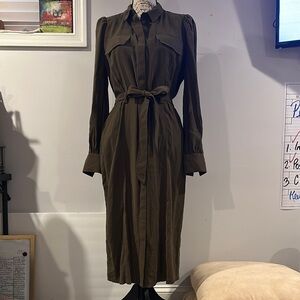 Nordstrom Green Tan Buttoned Puff Sleeve Dress